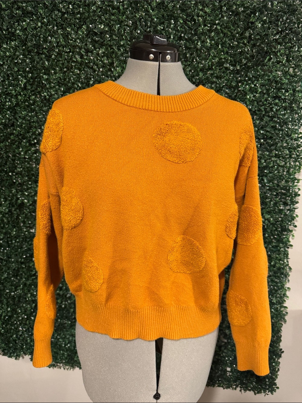 Tahari Golden Mustard Textured Dot Crewneck Sweater